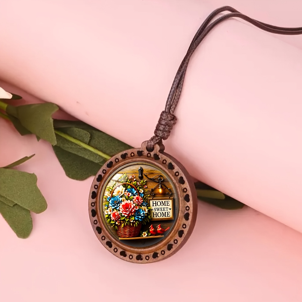 Warm Floral Basket Birdcage Wooden Necklace, Cute Gift